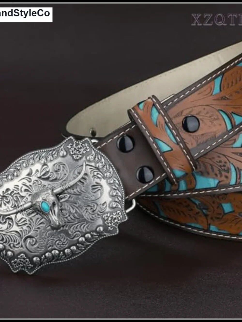 Genuine Leather Western Belt Engraved Tooled Interchangeable Buckle